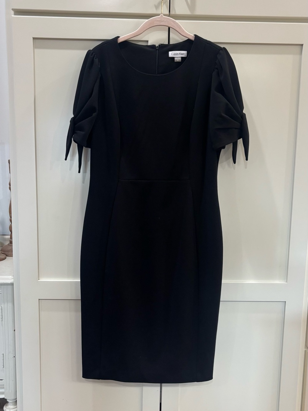 Calvin Klein Black Midi Sheath Dress with Tie Sleeves